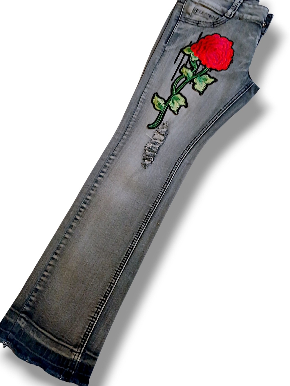Paparazzi Women's Gray Distressed Jeans with Red Rose Patch - Picture 6 of 8
